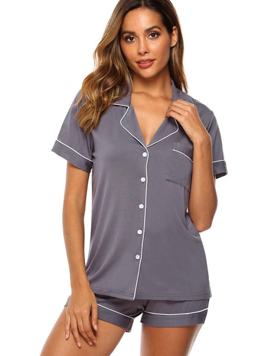 Woman in Grey Bamboo Short Pyjama Set with Soft, Breathable Material for Maximum Comfort in Warm Weather"